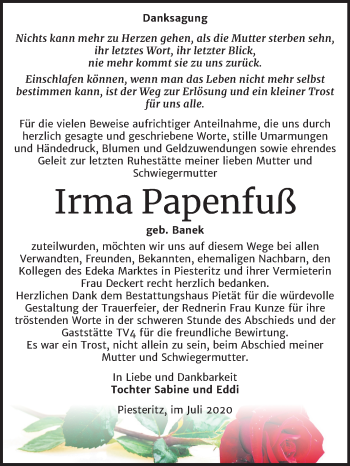 Traueranzeige von Irma Papenfuß von Mitteldeutsche Zeitung Wittenberg