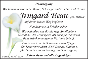 Traueranzeige von Irmgard Beau von Mitteldeutsche Zeitung Dessau-Roßlau