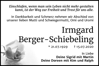 Traueranzeige von Irmgard Berger-Schiebeling von Mitteldeutsche Zeitung Dessau-Roßlau