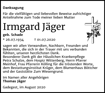 Traueranzeige von Irmgard Jäger von Super Sonntag Wittenberg