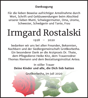 Traueranzeige von Irmgard Rostalski von Wochenspiegel Weißenfels