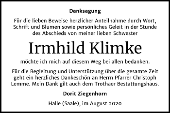 Traueranzeige von Irmhild Klimke von Mitteldeutsche Zeitung Halle/Saalkreis