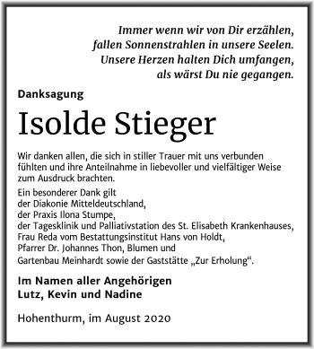 Traueranzeige von Isolde Stieger von Mitteldeutsche Zeitung Halle/Saalkreis