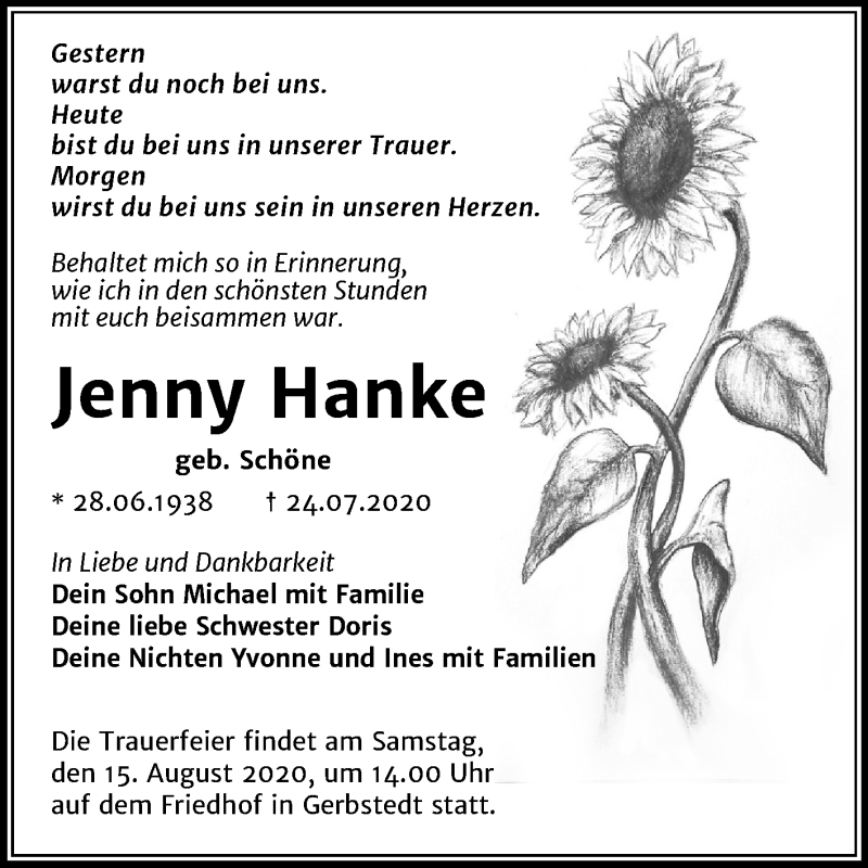  Traueranzeige für Jenny Hanke vom 01.08.2020 aus Mitteldeutsche Zeitung Mansfelder Land