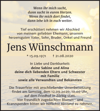Traueranzeige von Jens Wünschmann von Mitteldeutsche Zeitung Bitterfeld