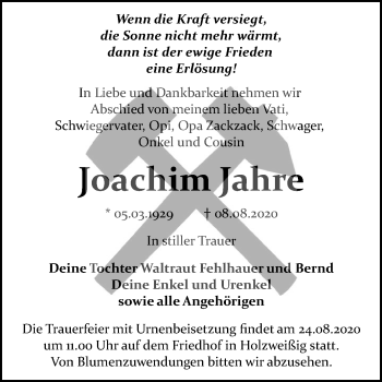 Traueranzeige von Joachim Jahre von Wochenspiegel Bitterfeld