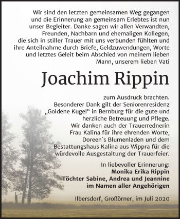 Traueranzeige von Joachim Rippin von Super Sonntag Mansfelder Land