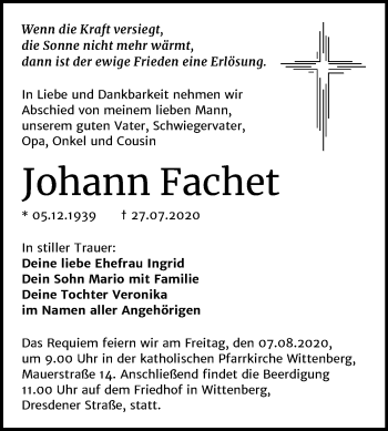 Traueranzeige von Johann Fachet von Mitteldeutsche Zeitung Wittenberg