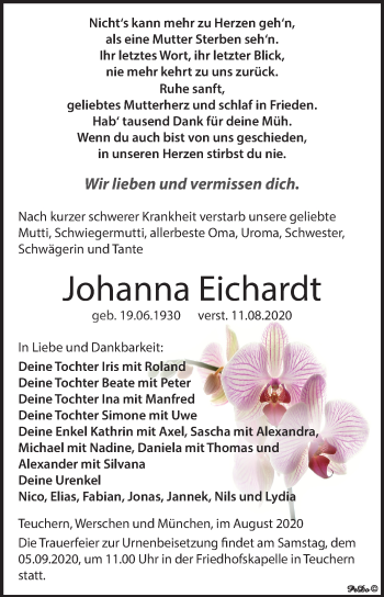 Traueranzeige von Johanna Eichardt von Wochenspiegel Weißenfels
