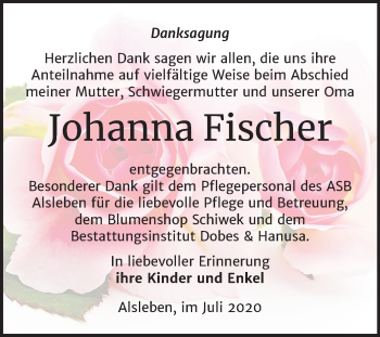 Traueranzeige von Johanna Fischer von Super Sonntag Bernburg