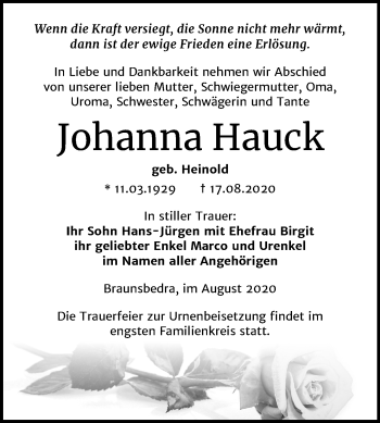 Traueranzeige von Johanna Hauck von Wochenspiegel Merseburg/Querfurt