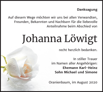 Traueranzeige von Johanna Löwigt von Mitteldeutsche Zeitung Wittenberg