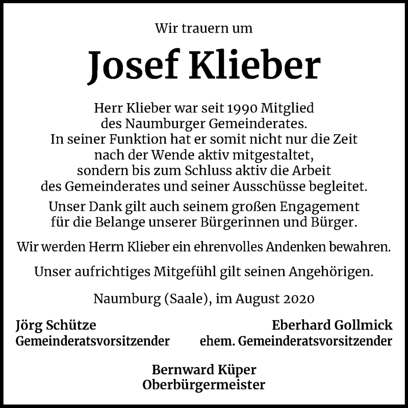  Traueranzeige für Josef Klieber vom 18.08.2020 aus Mitteldeutsche Zeitung Naumburg/Nebra