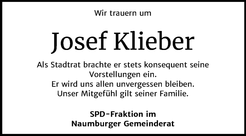  Traueranzeige für Josef Klieber vom 15.08.2020 aus Mitteldeutsche Zeitung Naumburg/Nebra