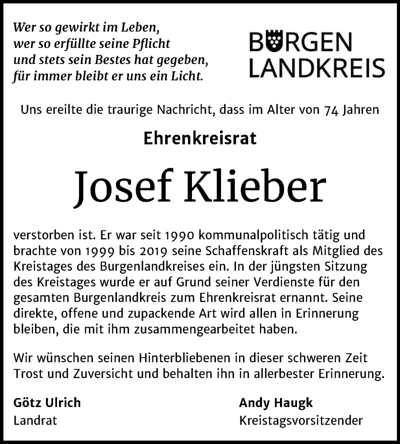  Traueranzeige für Josef Klieber vom 15.08.2020 aus Mitteldeutsche Zeitung Naumburg/Nebra