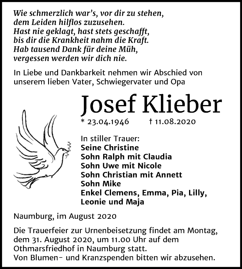  Traueranzeige für Josef Klieber vom 15.08.2020 aus Mitteldeutsche Zeitung Naumburg/Nebra