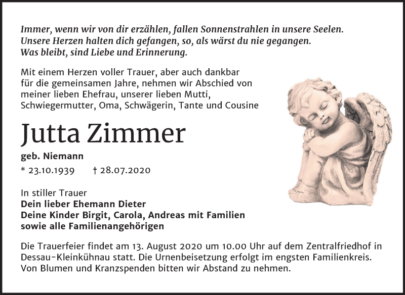  Traueranzeige für Jutta Zimmer vom 01.08.2020 aus Mitteldeutsche Zeitung Dessau-Roßlau
