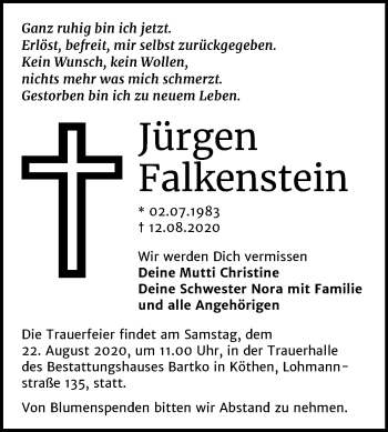 Traueranzeige von Jürgen Falkenstein von Mitteldeutsche Zeitung Köthen