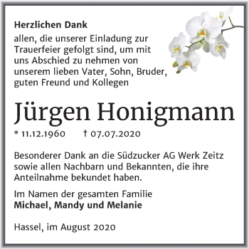 Traueranzeige von Jürgen Honigmann von Mitteldeutsche Zeitung Zeitz