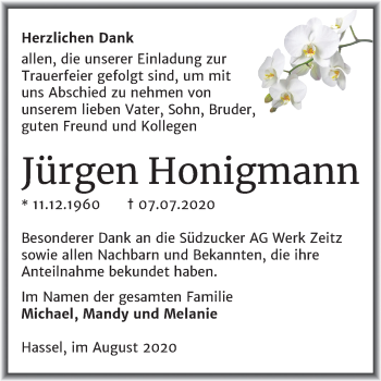Traueranzeige von Jürgen Honigmann von Super Sonntag Zeitz