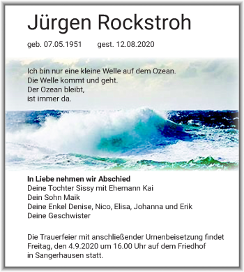 Traueranzeige von Jürgen Rockstroh von Super Sonntag Sangerhausen