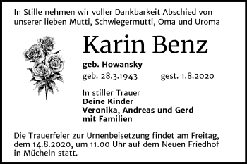 Traueranzeige von Karin Benz von Super Sonntag Merseburg/Querfurt