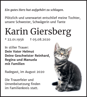 Traueranzeige von Karin Giersberg von Super Sonntag Köthen