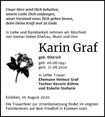 Traueranzeige von Karin Graf von Mitteldeutsche Zeitung Mansfelder Land