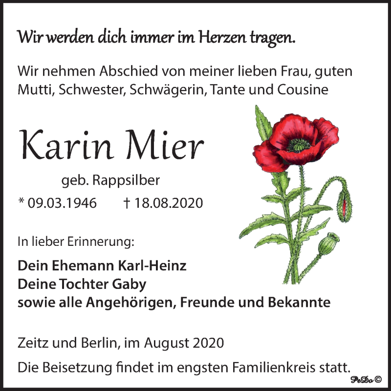  Traueranzeige für Karin Mier vom 22.08.2020 aus Super Sonntag Zeitz