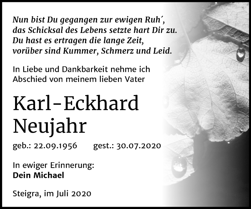  Traueranzeige für Karl-Eckhard Neujahr vom 15.08.2020 aus Mitteldeutsche Zeitung Merseburg/Querfurt