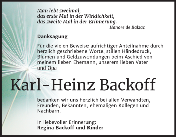 Traueranzeige von Karl-Heinz Backoff von Super Sonntag Aschersleben