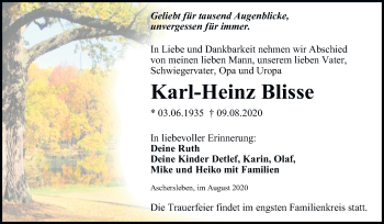 Traueranzeige von Karl-Heinz Blisse von Super Sonntag Aschersleben