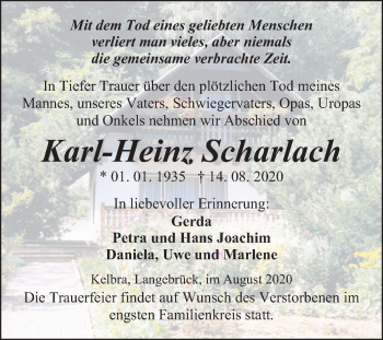 Traueranzeige von Karl-Heinz Scharlach von Super Sonntag Sangerhausen