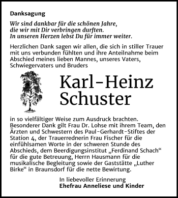 Traueranzeige von Karl-Heinz Schuster von Mitteldeutsche Zeitung Wittenberg