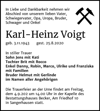 Traueranzeige von Karl-Heinz Voigt von Mitteldeutsche Zeitung Sangerhausen
