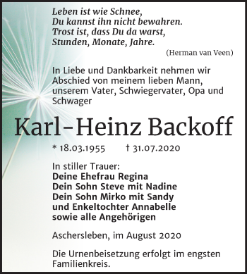 Traueranzeige von Karl Heinz Backoff von Mitteldeutsche Zeitung Aschersleben