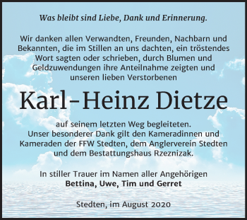 Traueranzeige von Karl Heinz Dietze von Super Sonntag Mansfelder Land