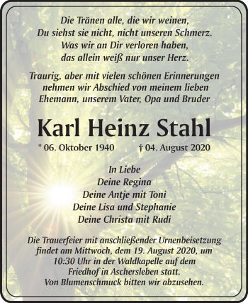Traueranzeige von Karl Heinz Stahl von Mitteldeutsche Zeitung Aschersleben