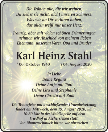 Traueranzeige von Karl Heinz Stahl von Super Sonntag Aschersleben