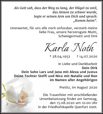 Traueranzeige von Karla Noth von Mitteldeutsche Zeitung Merseburg/Querfurt