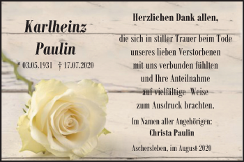 Traueranzeige von Karlheinz Paulin von Mitteldeutsche Zeitung Aschersleben