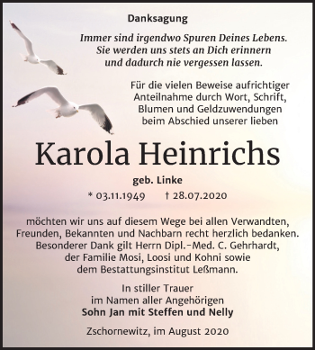 Traueranzeige von Karola Heinrichs von Mitteldeutsche Zeitung Wittenberg