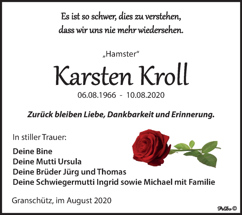  Traueranzeige für Karsten Kroll vom 15.08.2020 aus Mitteldeutsche Zeitung Weißenfels