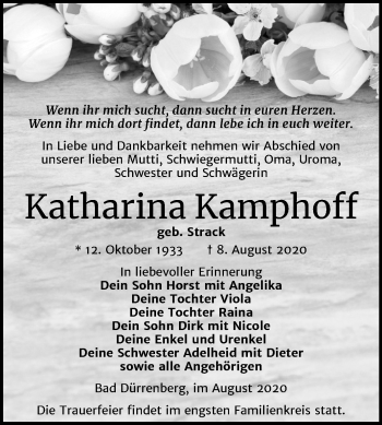 Traueranzeige von Katharina Kamphoff von Mitteldeutsche Zeitung Merseburg/Querfurt