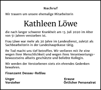 Traueranzeige von Kathleen Löwe von Mitteldeutsche Zeitung Dessau-Roßlau