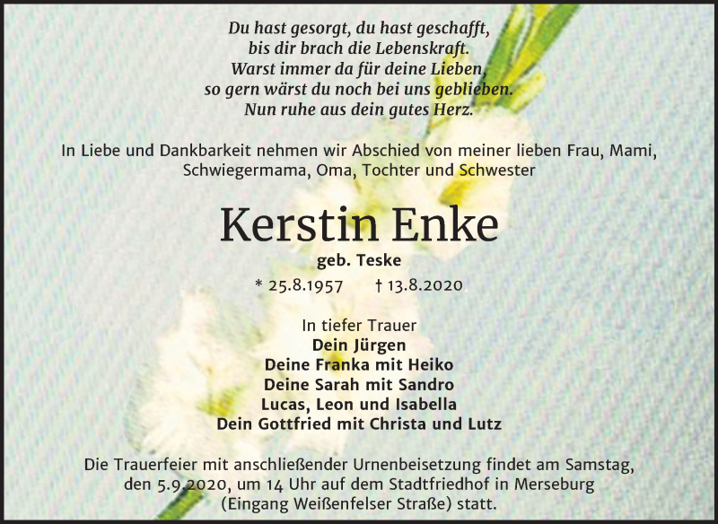  Traueranzeige für Kerstin Enke vom 22.08.2020 aus Mitteldeutsche Zeitung Merseburg/Querfurt