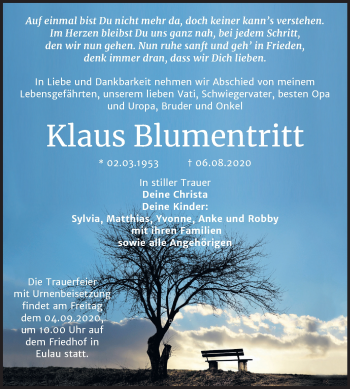 Traueranzeige von Klaus Blumentritt von Wochenspiegel Naumburg/Nebra
