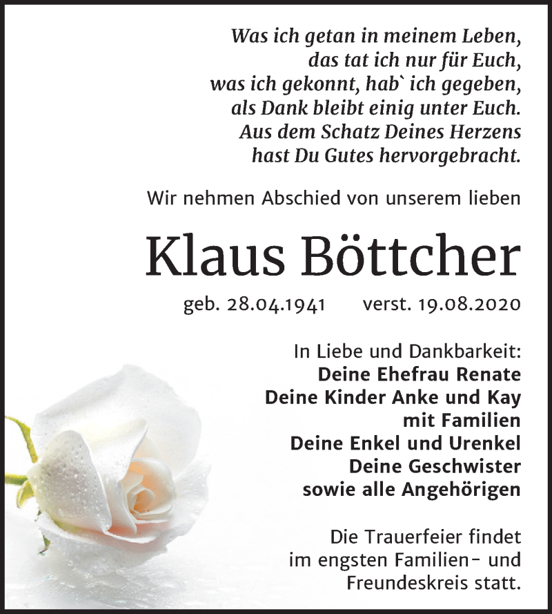  Traueranzeige für Klaus Böttcher vom 29.08.2020 aus Super Sonntag Weißenfels