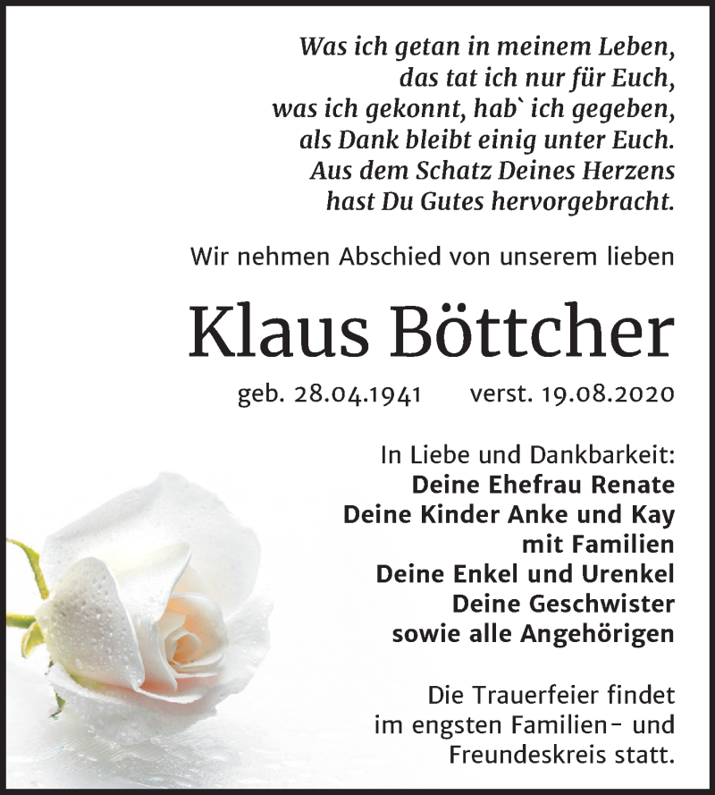 Traueranzeige für Klaus Böttcher vom 29.08.2020 aus Mitteldeutsche Zeitung Weißenfels