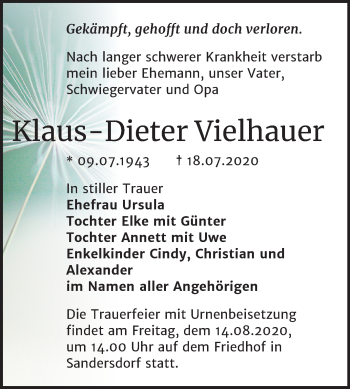 Traueranzeige von Klaus-Dieter Vielhauer von Mitteldeutsche Zeitung Bitterfeld
